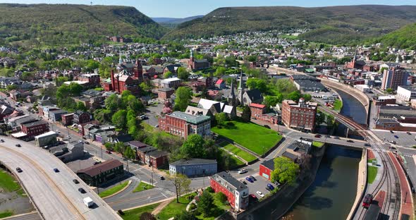 Epic aerial of Western Maryland, Cumberland in Allegany County. Canal and Potomac River, Interstate