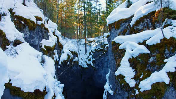 Crumbling Ground Covered with Snow in Forest