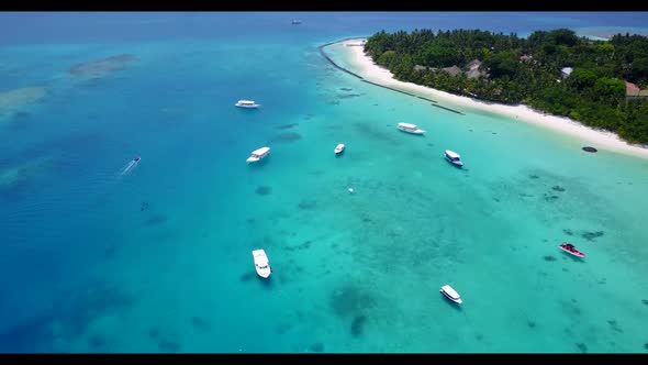 Aerial drone shot travel of tropical seashore beach lifestyle by clear lagoon and white sand backgro
