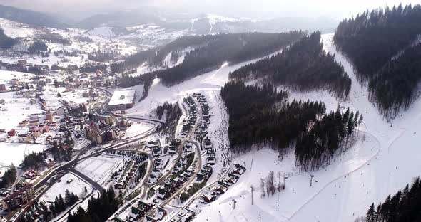 Aerial View of the Ski Resort in Mountains at Winter