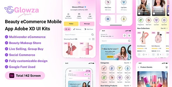 Glowza – Beauty eCommerce Mobile App Adobe XD UI Kits