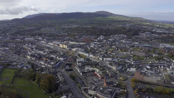 Aerial flyover of Newry city in Northern Ireland