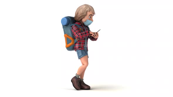 Fun 3D cartoon backpacker with a mask on the phone