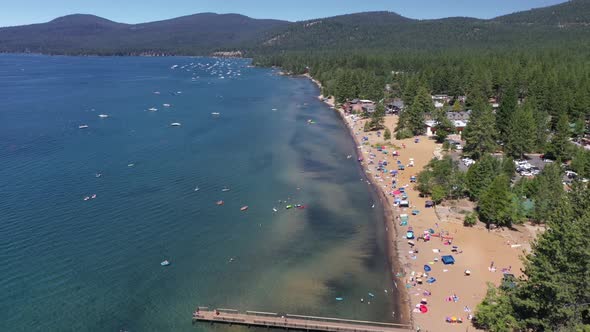 North Lake Tahoe Coast, Lake Tahoe, CA At Daytime - aerial pullback