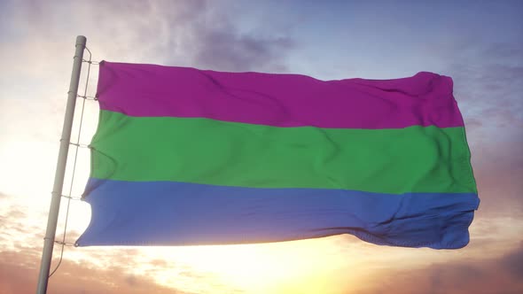 Polysexuality Pride Flag Waving in the Wind Sky and Sun Background
