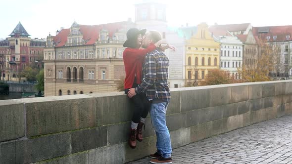 Sweet Couple Have Romantic Date While Honeymoon Trip in Old European Town