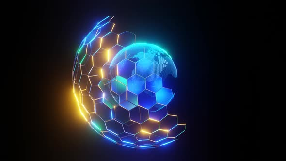 HD Digital planet. Blue glowing hexagonal mesh