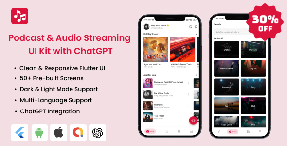 Podcast & Music Streaming Flutter UI Kit with ChatGPT – Clean & Modern App Template