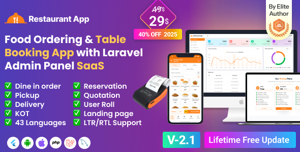 Restaurant App SaaS -  Food Ordering I  Table Booking I Restaurant App with Laravel Admin Panel
