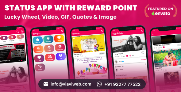 Android Status App With Reward Point (Lucky Wheel, Video, GIF, Quotes & Image)