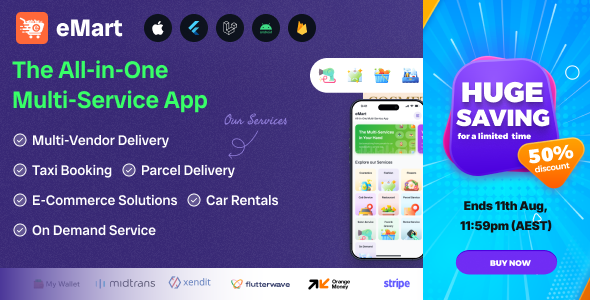 eMart | Multivendor Food, On-demand, eCommerce, Parcel, Taxi Booking, Car Rent App with Admin & Web