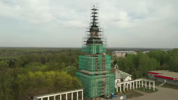 Building of Church Under Reconstruction in Small Town