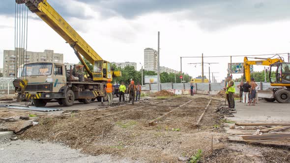 Demolition of Old Tram Rails By Crane at Road Construction Site Timelapse