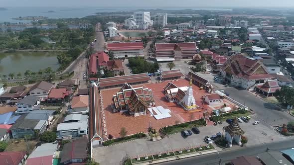 Aerial Footage of Historic Wat Phra That Cheung Chum Temple, Landmark of Sakonnakorn, Thailand