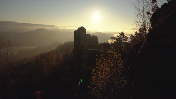 Saxon Switzerland morning scene of Bastei during sunrise, gimbal shot