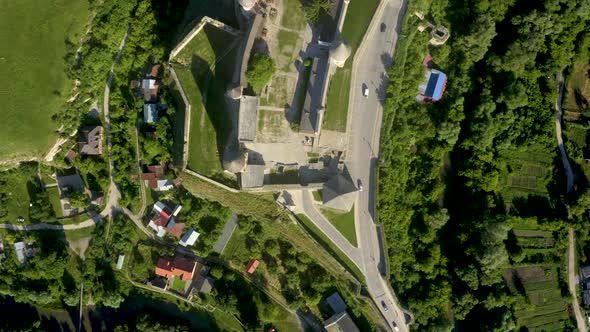 Aerial View of the Ruins of a Large Medieval Castle in Europe