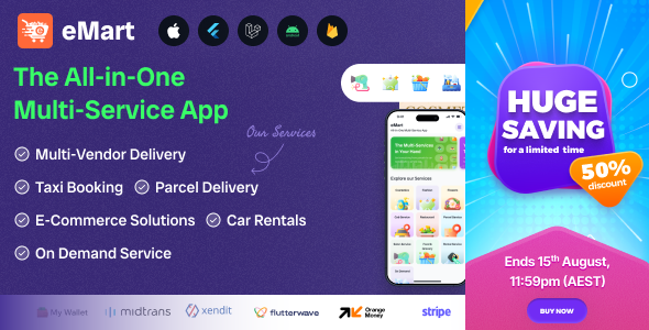 eMart | Multivendor Food, On-demand, eCommerce, Parcel, Taxi Booking, Car Rent App with Admin & Web
