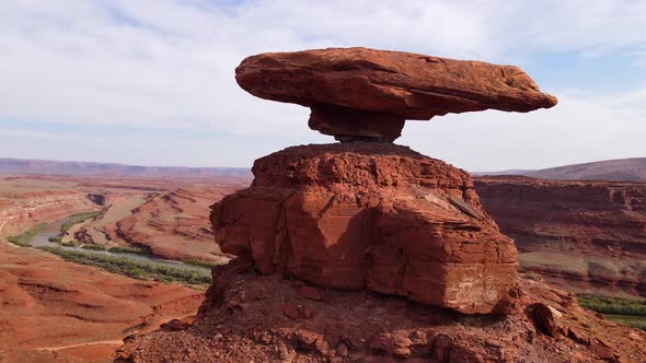 Aerial of Mexican Hat Rock Formation In Utah