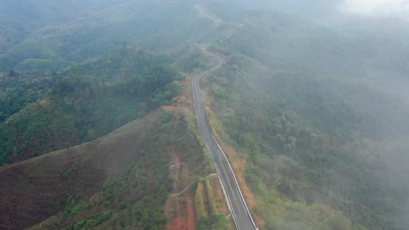 Aerial View of Curvy Road Number 3 in the Mountain of Pua District Nan Province Thailand