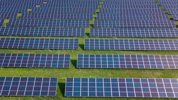 Flight Over a Field of Solar Panels in Sunny Summer Day