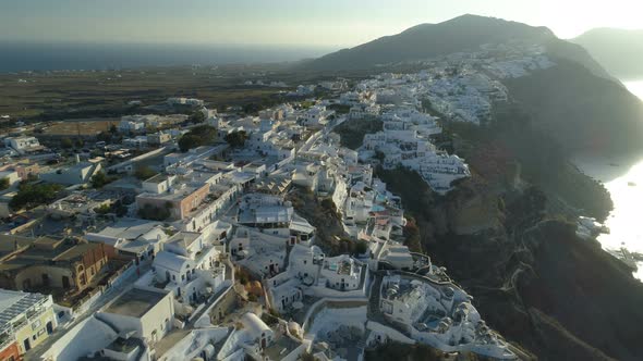 Aerial View Flying Over City of Oia on Santorini Greece