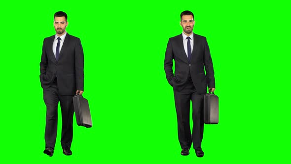 Businessman with a Suitcase Walks on Green Screen. Two Takes.