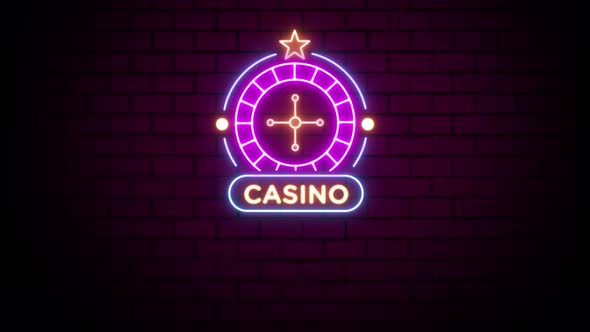 Roulette Casino Neon Sign on Brick Wall Background 4K