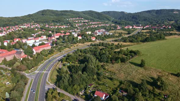 Small European City in Mountains Aerial View