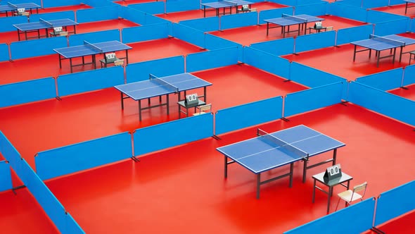 Table tennis arena.Tracking view of ping pong tables ready to play. Table layout