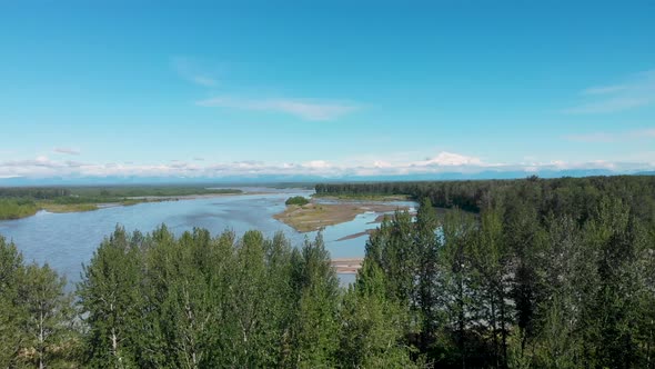 4K Drone Video of Susitna River with Denali Mountain in Distance on Alaska Summer Day