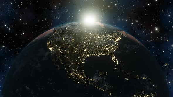 Sunrise from outer space. Concept of climate change, dark night, cities lights, sunrise. Beautiful alt