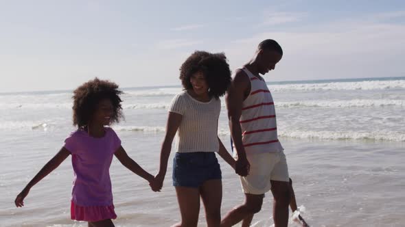 Smiling african american parents and their children walking and holding hands on the beach