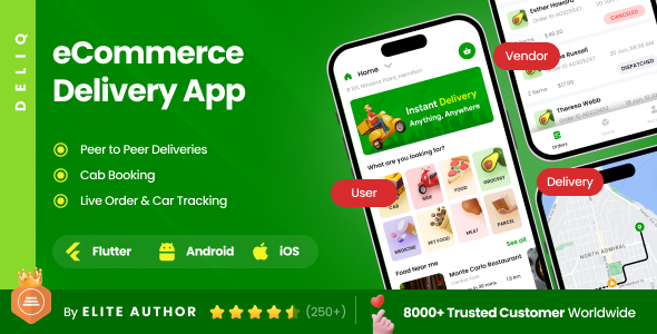 6 App Template| eCommerce| Cab Booking| Peer 2 Peer Delivery Products & Services Delivery| DeliQ 2.0