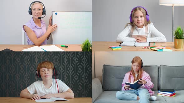 Multiscreen Math Lesson Online Teen Childrens at Home Education Homeschooling By Video Call Video