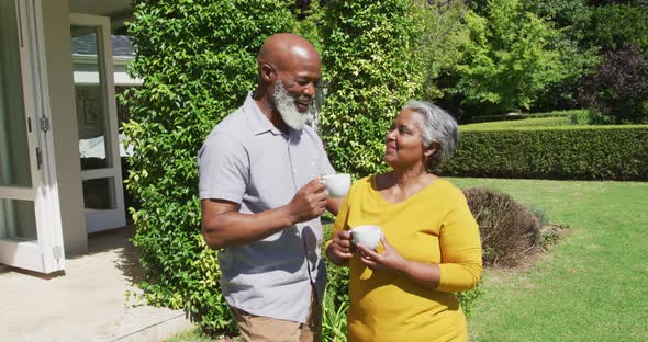 Senior african american couple talking and holding cups of tea in sunny garden
