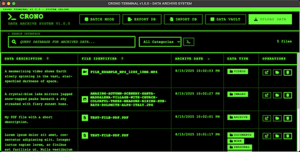 Crono Desktop - Terminal-Style File Archive & Organizer - Electron, Node.js, SQLite, Encrypted