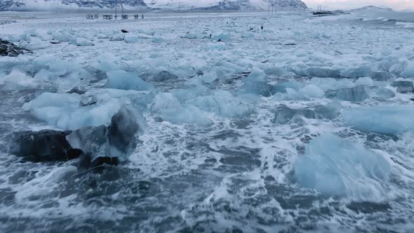 Drone Flight Over Diamond Beach Near Glacier Lagoon of Iceland