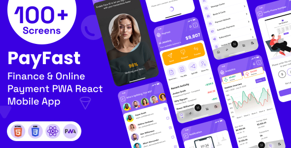 Finance & Online Payment Mobile App PWA React Template | PayFast E-Wallet