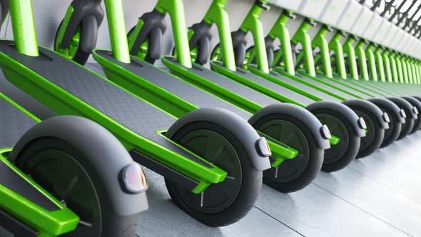 Countless green electric scooters charging using photovoltaic energy charger. 4K