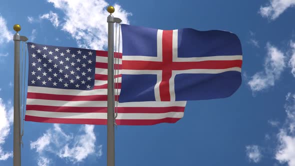 Usa Flag Vs Iceland Flag On Flagpole