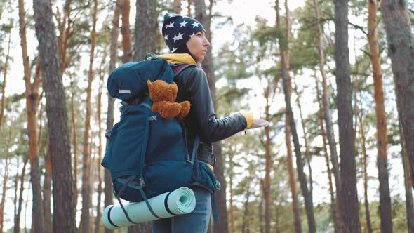 Pretty Woman Hiker Backpacker Traveler Camper with Her Phone Looks at a Map or Route on Forest Pine