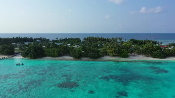 Aerial nature of exotic tourist beach voyage by shallow ocean with white sandy background of a dayou