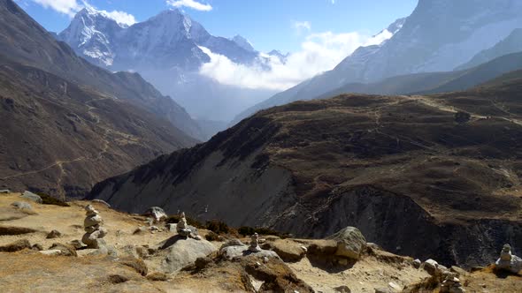 Himalaya Mountains, Landscape with Snowy Mountains, Clouds and Walking Trail, Sliding Shot of