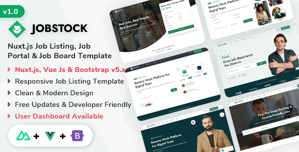 JobStock - Nuxt.js Job Listing, Job Portal Landing & Admin Dashboard Template