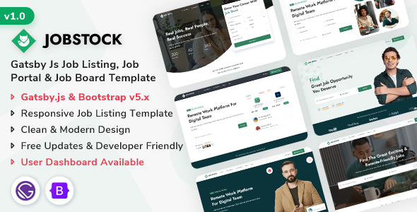 JobStock - Gatsby.js Job Listing, Job Portal Landing & Admin Dashboard Template