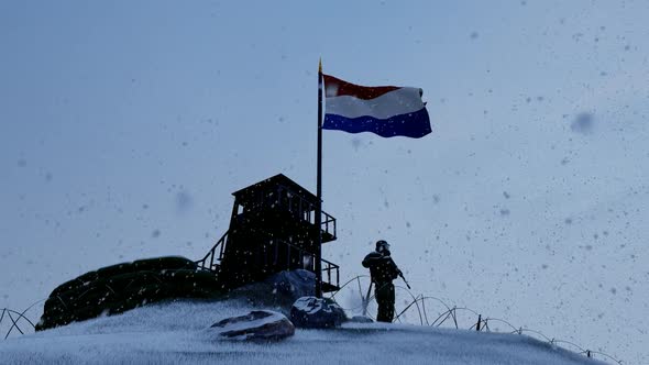 Dutch Soldier On The Border In Snowy Weather