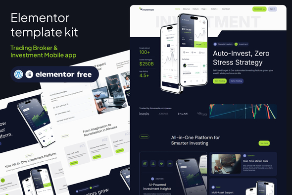 Invemon -  Mobile Apps Trading & Investment Elementor Template kit