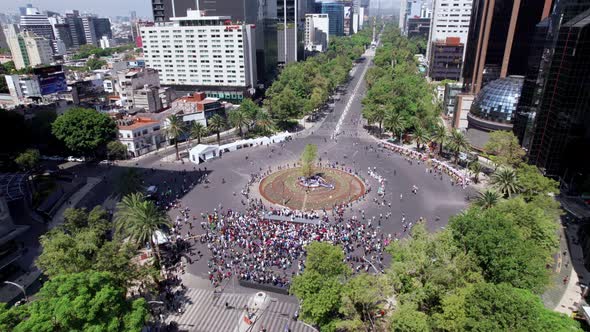 Aerial View Of Glorieta De La Palma Roundabout With Crowds To See The New Ahuehuete Tree Guardian of