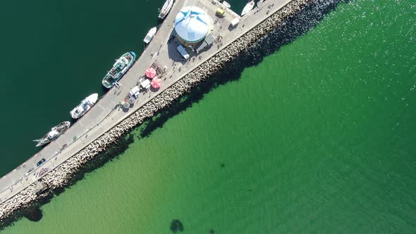 Flying over the port in Hel town and peninsula at the Baltic Sea, Poland, Europe