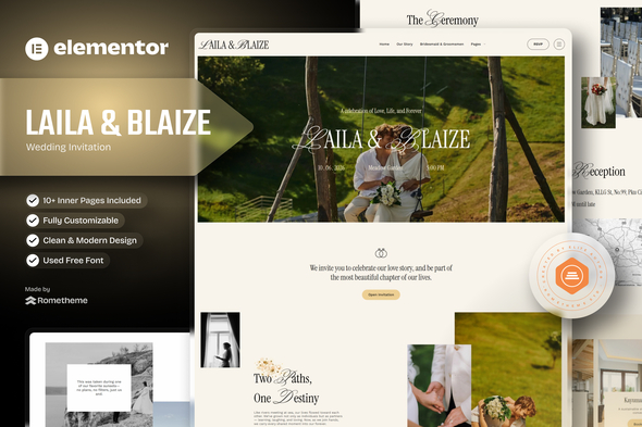 Laila & Blaize - Wedding Invitation Elementor Template Kit